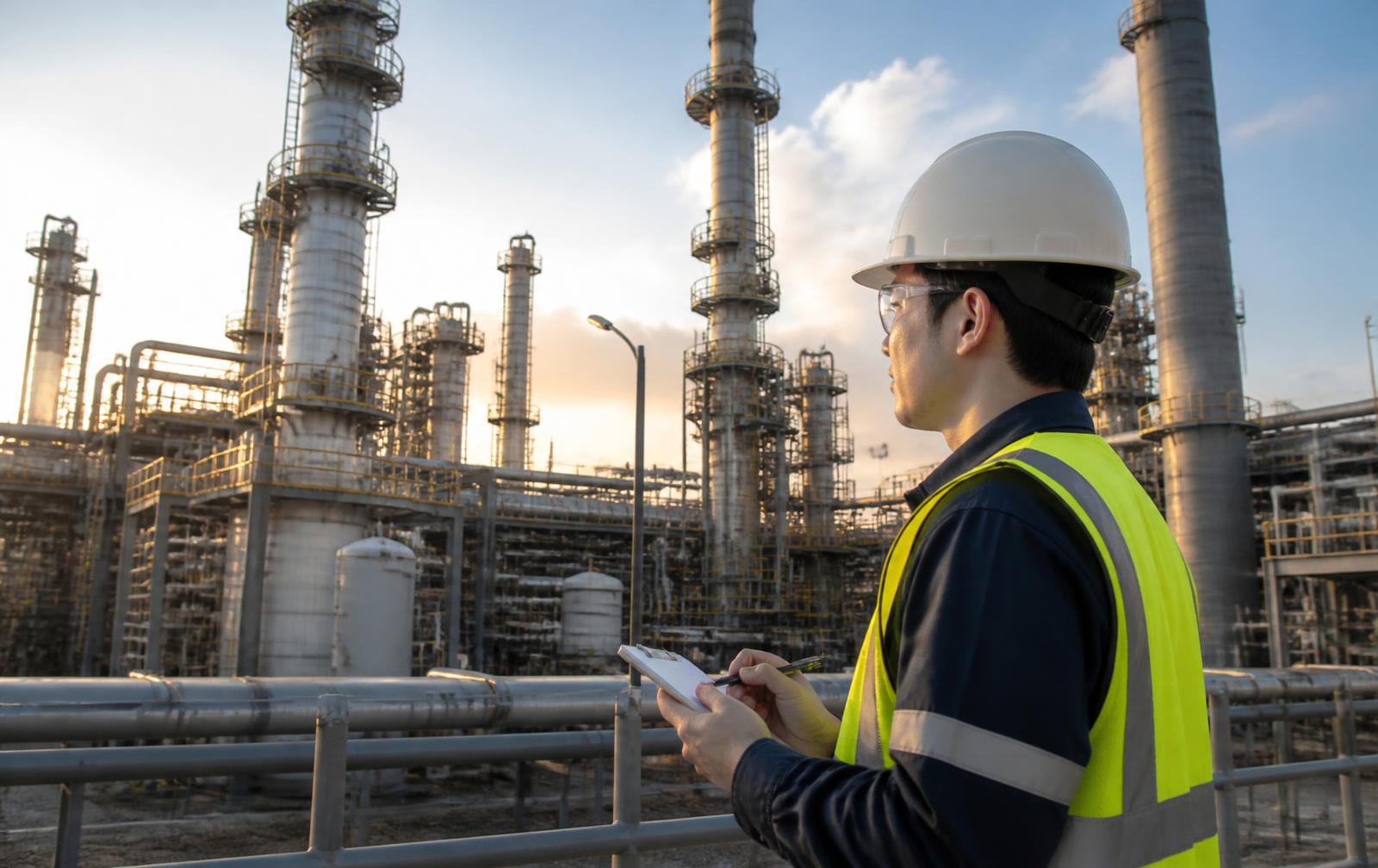 Engenheiro de segurança do trabalho com capacete e colete refletivo inspecionando uma planta industrial em Paulínia